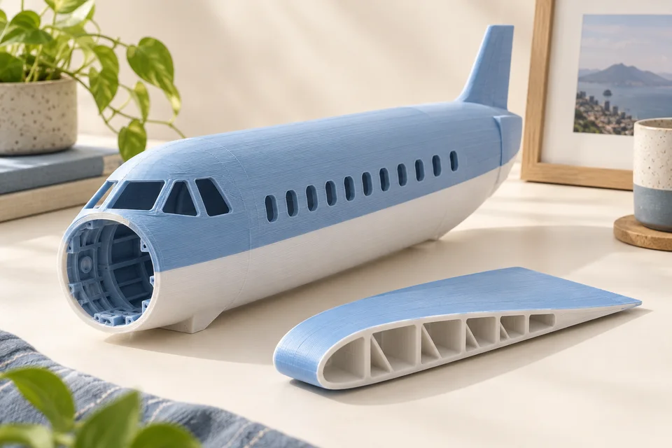 ASA Aero 的 輕量薄殼、模型機翼、戶外原型。 材質用途示意；AI 生成，非實拍或性能測試
