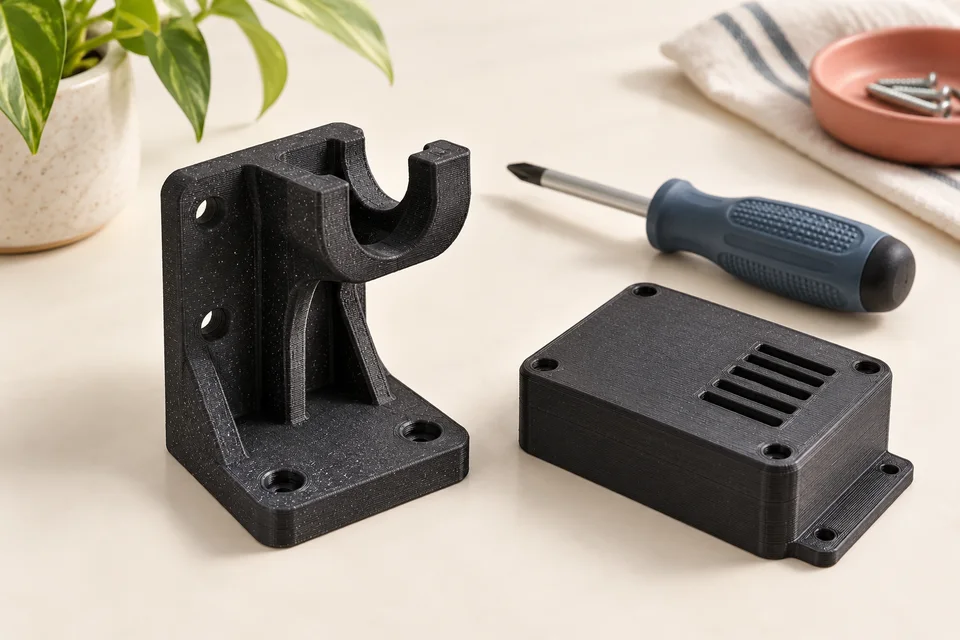 PETG-CF 的 工具支架、治具外殼、桌面配件。 材質用途示意；AI 生成，非實拍或性能測試