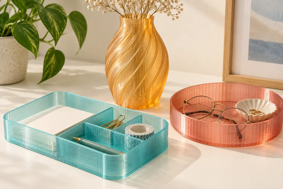 PETG Translucent 的 透光外殼、托盤、裝飾罩。 材質用途示意；AI 生成，非實拍或性能測試