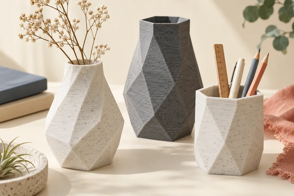 PLA Marble 的 花盆外套、筆筒、建築模型、雕塑。 材質用途示意；AI 生成，非實拍或性能測試