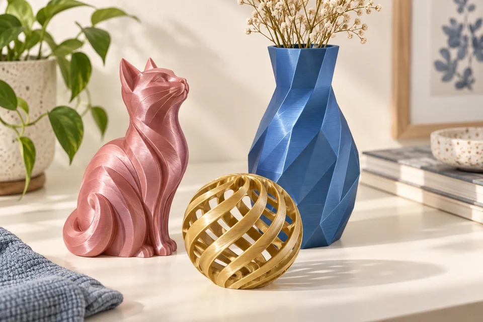 PLA Silk+ 的 花器、雕塑、裝飾模型。 材質用途示意；AI 生成，非實拍或性能測試