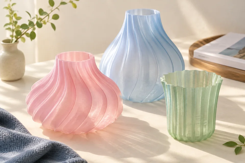 PLA Translucent 的 透光裝飾罩、模型燈罩、桌面小物。 材質用途示意；AI 生成，非實拍或性能測試