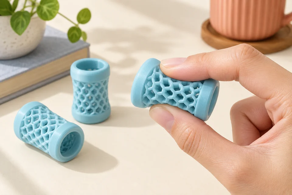 TPU 85A 的 緩衝墊、柔性保護套、格紋試片。 材質用途示意；AI 生成，非實拍或性能測試