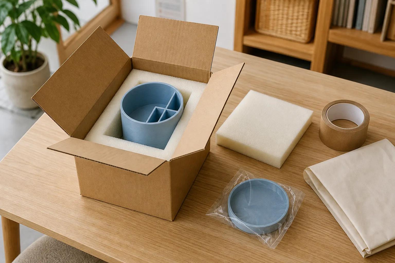 藍色列印收納筒放入紙箱內的淺色泡棉,旁邊有上墊、分裝盒蓋與封箱用品
